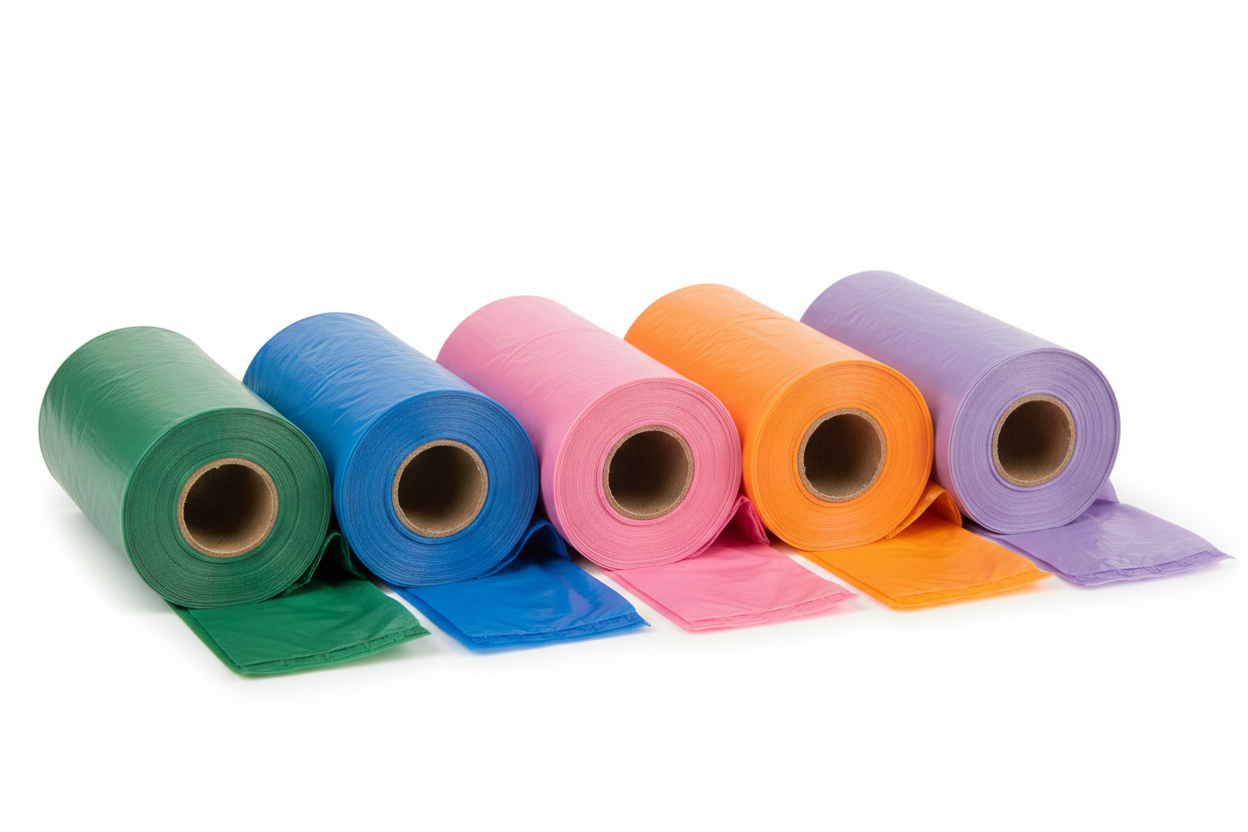 maak een afbeelding met 5 rolletjes van zakjes voor wegwerp poep zakjes